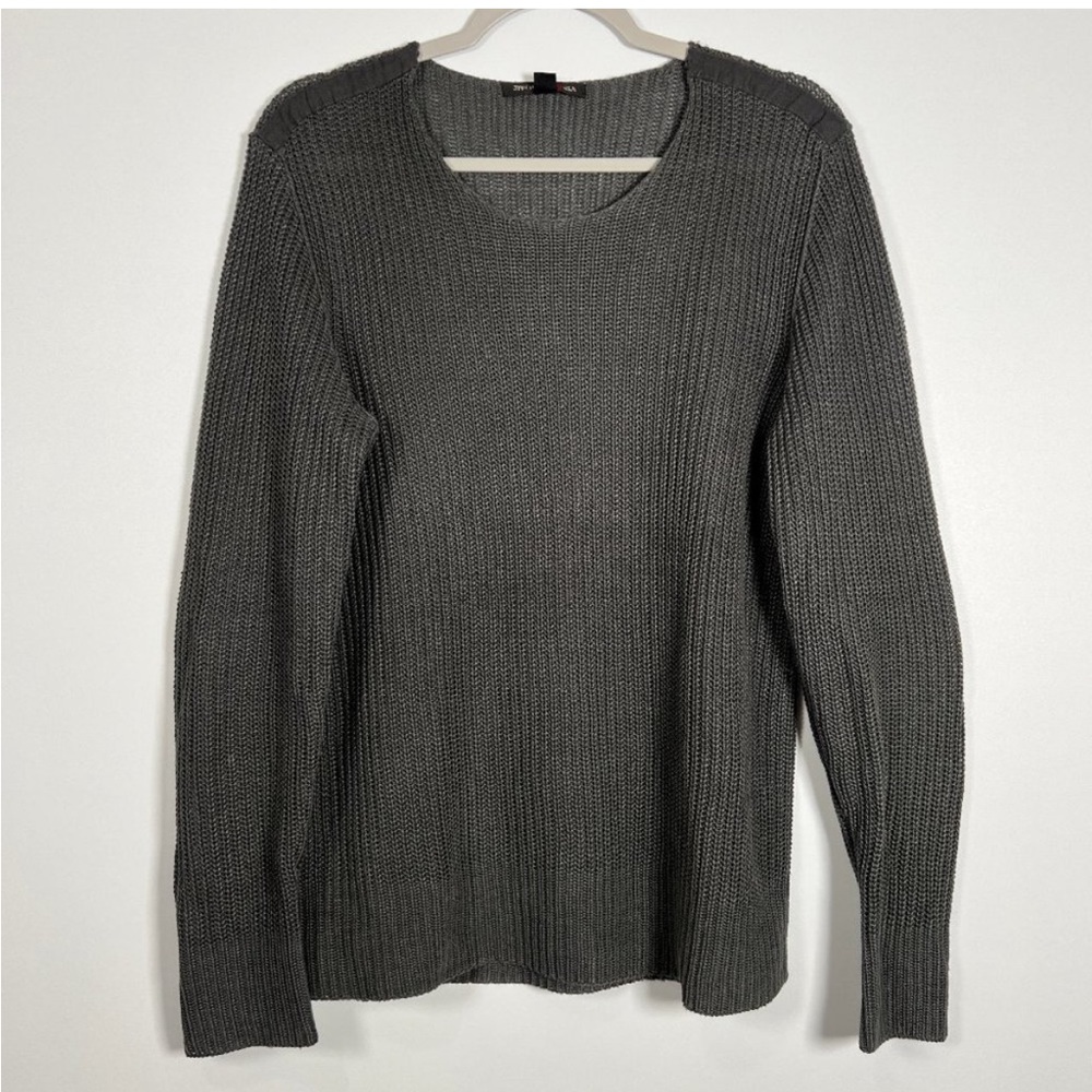 John Varvatos 100% Linen Sweater Mens M Gray Crew Neck Elbow Patch